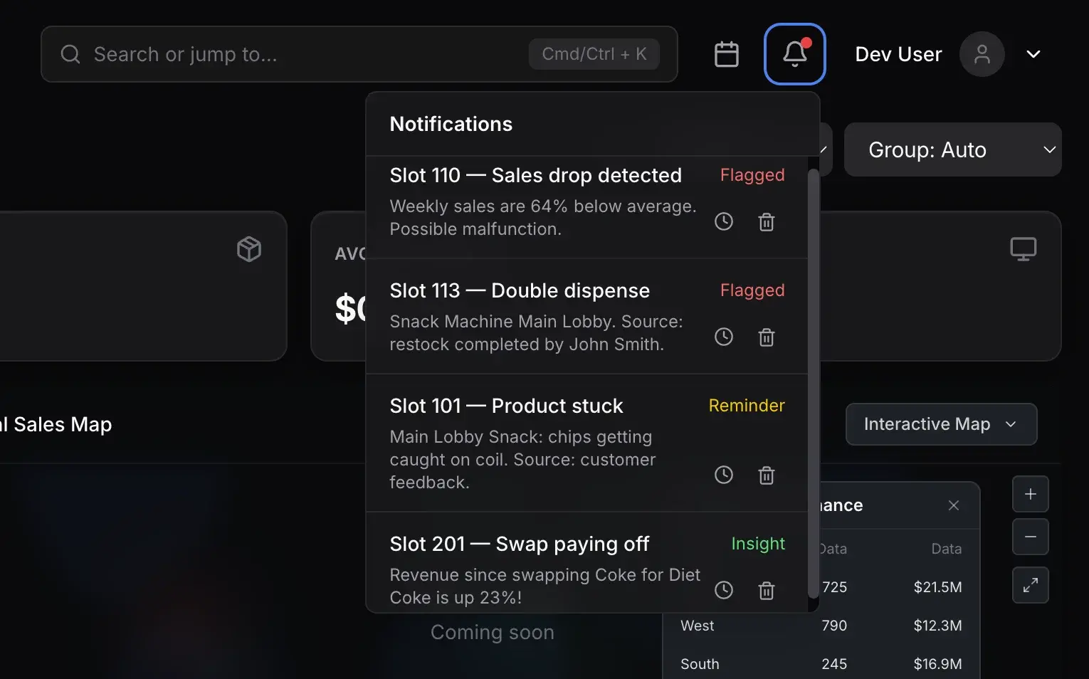 VendCom notification panel showing sales drop, double dispense, and stuck product alerts