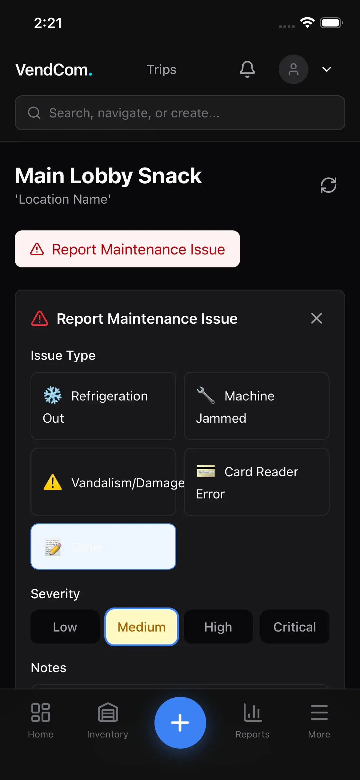 Mobile maintenance issue report with severity and type options