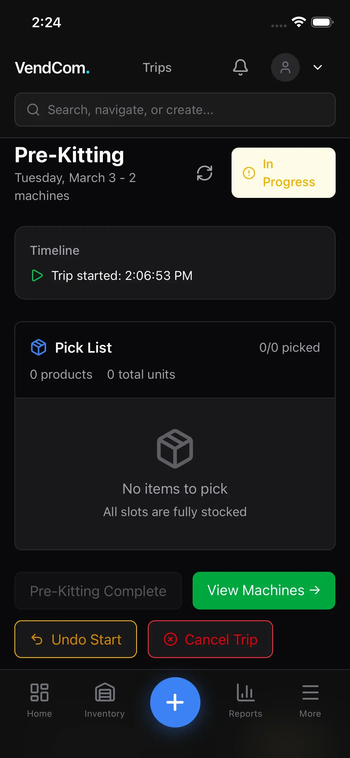 Mobile pre-kitting view with pick list and trip progress