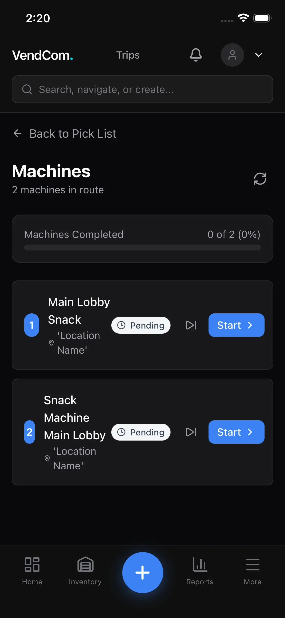 Mobile trip view showing 2 machines in restocking route