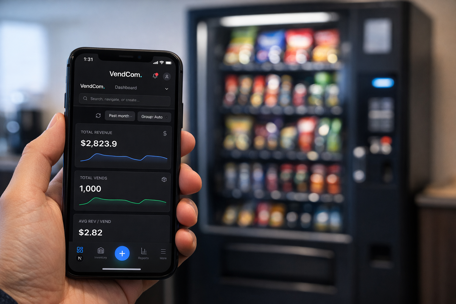 Vending machine dashboard showing real-time sales data on a phone screen